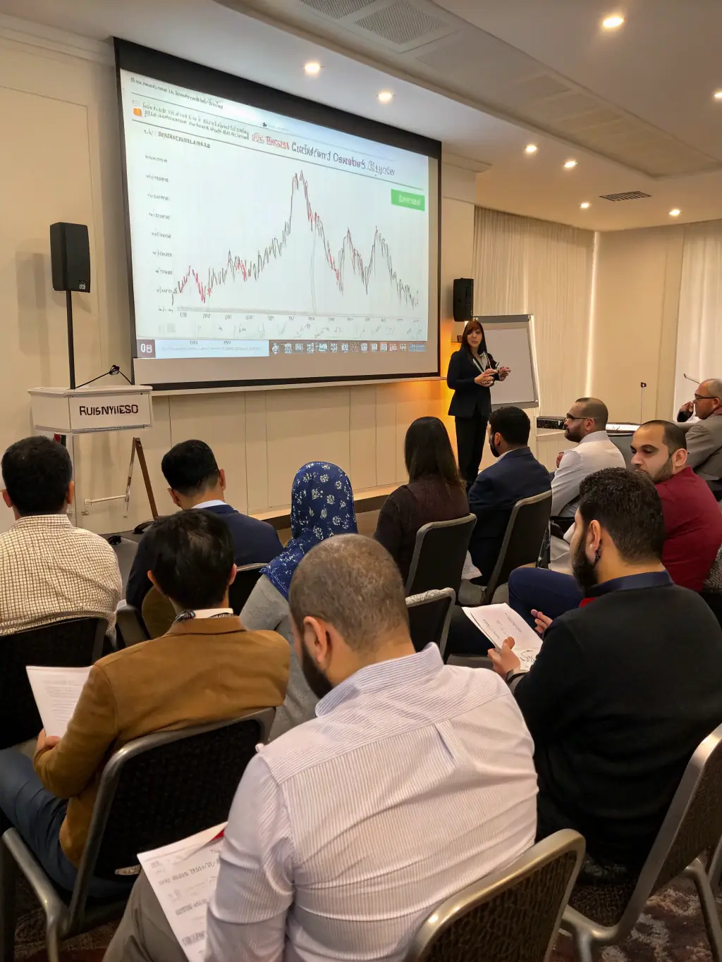 A diverse group of people are participating in a financial webinar, discussing investment strategies and economic planning, showcasing community learning.