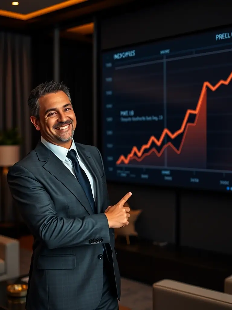 A professional man in a suit smiles confidently while pointing at a rising graph on a computer screen during a webinar, symbolizing financial growth.