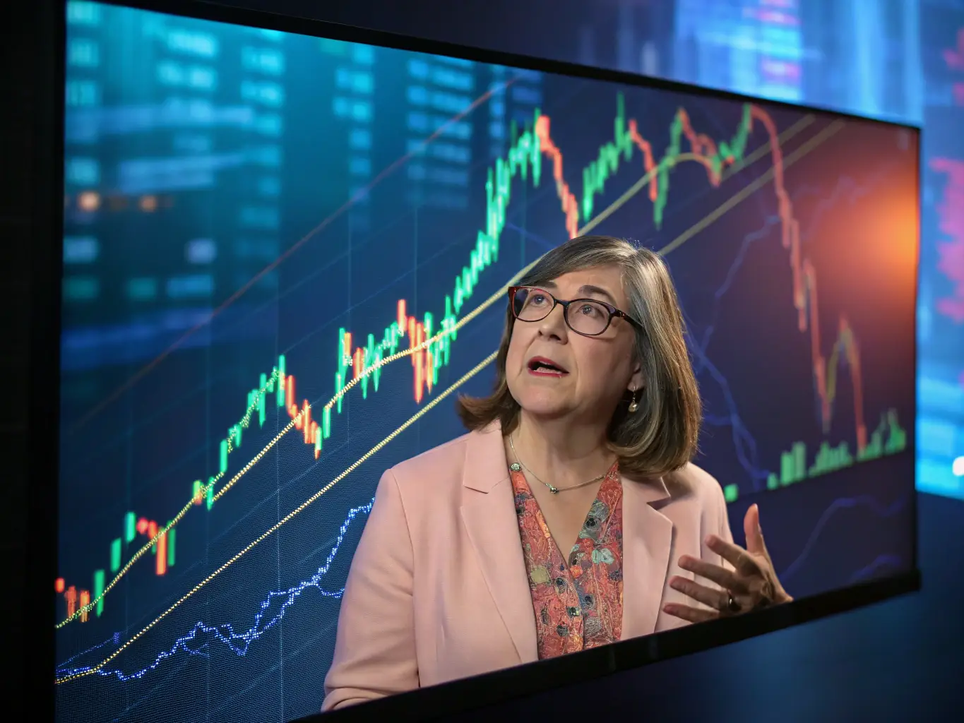 A professional coach is presenting a webinar on investment strategies, with participants actively engaged and financial charts displayed on the screen. The setting is a modern office, and the atmosphere is collaborative and informative.